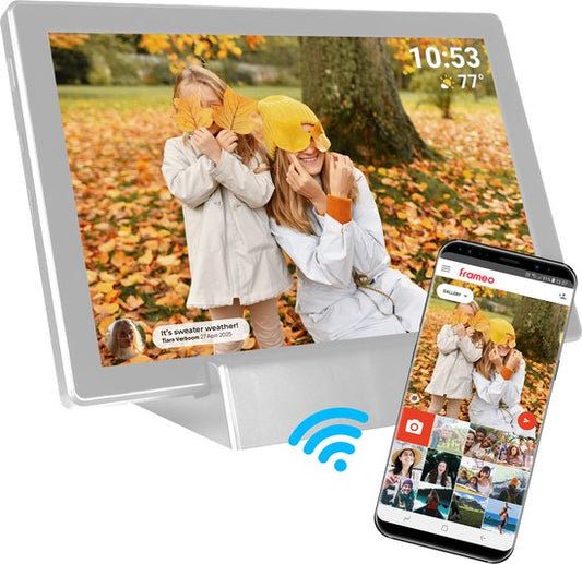 Cadre photo numérique Denver 10,1 pouces - Sans fil - Station de charge incluse - HD - Frameo App - Cadre photo - WiFi - Écran tactile IPS - 16 Go - PFF1070W