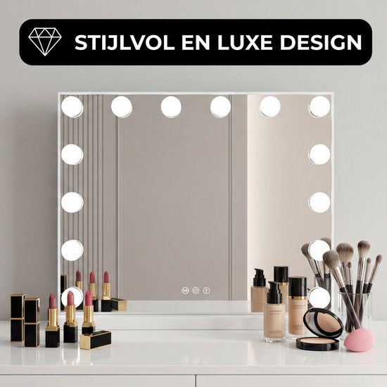 Bayt Hollywood Mirror with Lighting - Miroir de maquillage avec éclairage - Miroir avec éclairage - Dimmable - Grossissement 10x - 50x40cm - Blanc