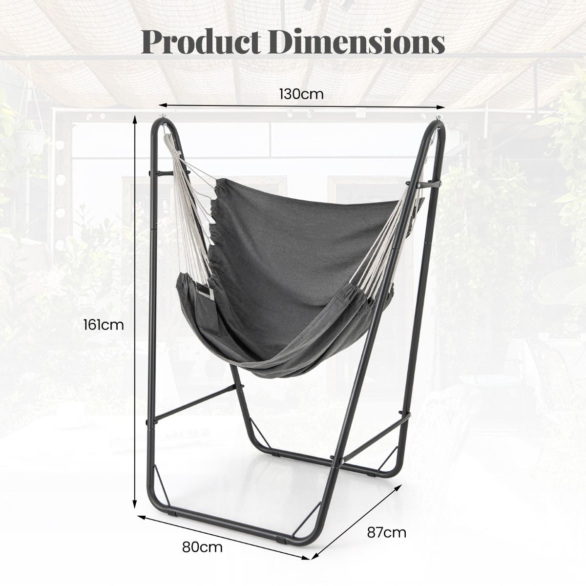 Fauteuil suspendu Coast avec support - Assise en coton et polyester - Poches latérales - Gris - 130 x 87 x 161 cm