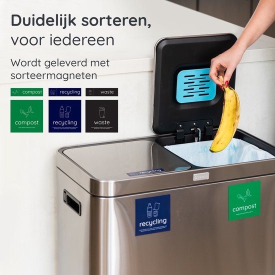 Deleca Recycle Waste Bin with 2 Compartments - 60 Liter (2x30) Waste Bin - Waste Separation / Deposit Container / Pedal Bin - Garbage Bin with FreshAura Odour Control - Slow Close - Stainless Steel Silver