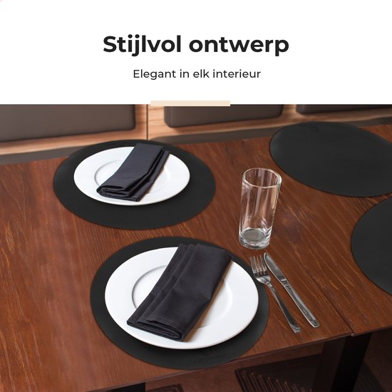 Sets de table Castagnola aspect cuir - Sets de table ronds - Sets de table antidérapants en cuir artificiel - Dessous de verre hydrofuge - Dessous de verre - 6 pièces - Diamètre 38 cm - Noir