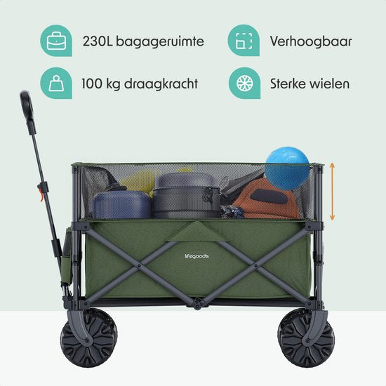 Chariot pliable - LifeGoods - Wagon pliable - 100KG - 230L - avec housse de protection - vert