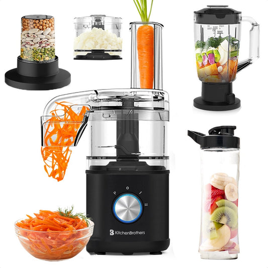 Robot de cuisine - KitchenBrothers - 4 en 1 - Mixeur - Hachoir - Coupes légumes - Moulin à café et épices - Noir