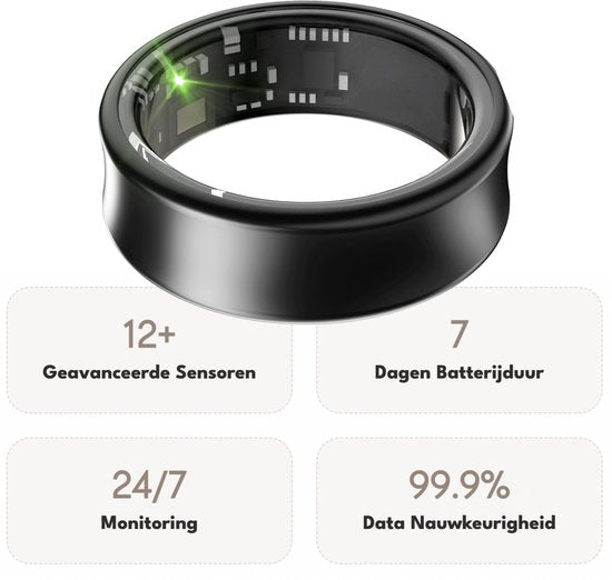 Focus® S2 Smart Ring - Noir - Taille 12 - AI Coach - Fréquence cardiaque - Cycle menstruel - Moniteur de sommeil - Score de récupération - Smart Ring - Performance sportive - Podomètre - IP68 Waterproof - Mesure de l'O2 - Femmes - Hommes - Wearables - Etu