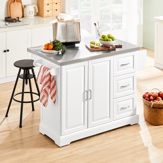 Chariot de service SoBuy - Chariot de cuisine blanc avec plateau rabattable - 3 tiroirs, 2 portes, étagères réglables | FKW41-II-ST