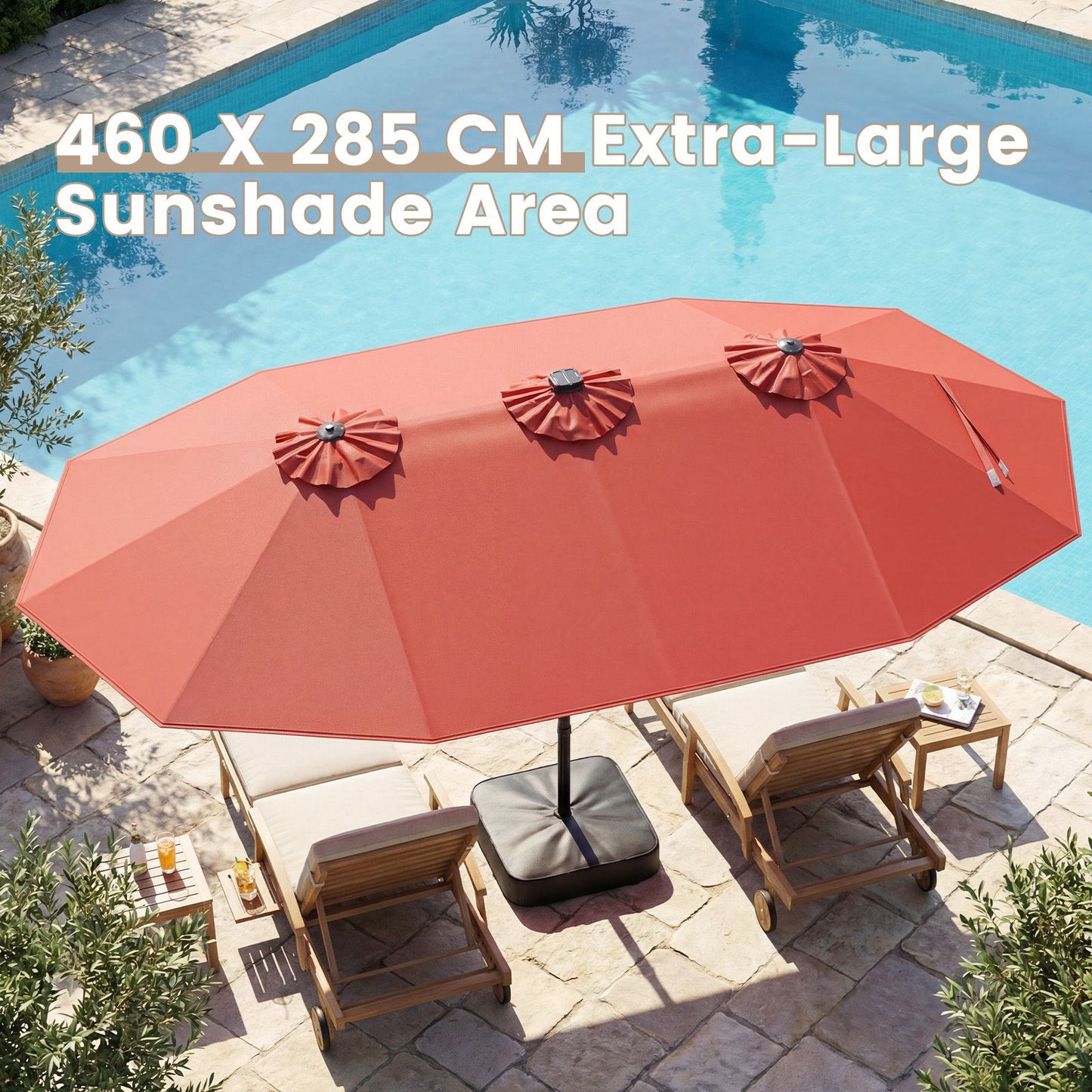 Coast 460 x 285 cm – Parasol de jardin double orange avec 48 LED à énergie solaire – Parasol extra-large avec panneau solaire à recharge automatique