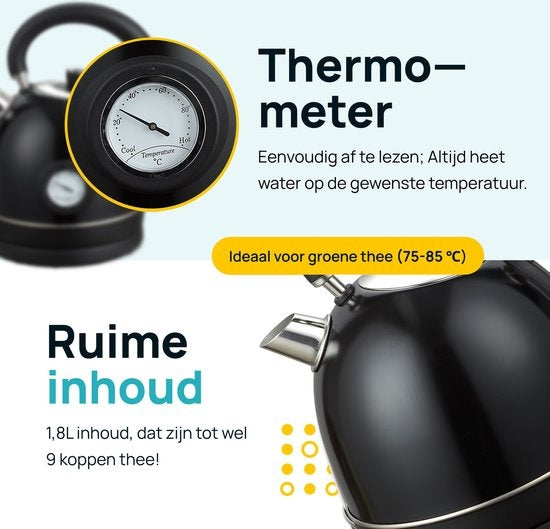 MOA Bouilloire Retro - 2200 watts - 1,8 litres - acier inoxydable - sans BPA - électrique - noir - EK3TB