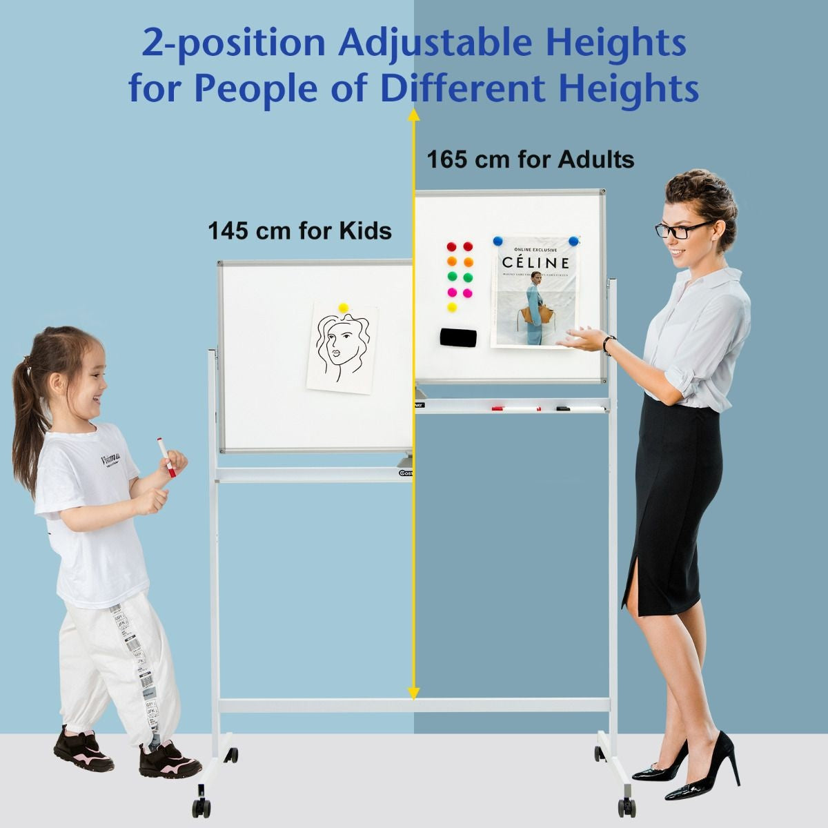 Coast Double -sided magnetic mobile whiteboard adjustable dry dipable panel on wheels white