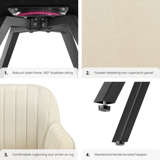tectake - Chaise de salle à manger pivotante avec accoudoirs - Revêtement en velours - Rembourrée - Crème