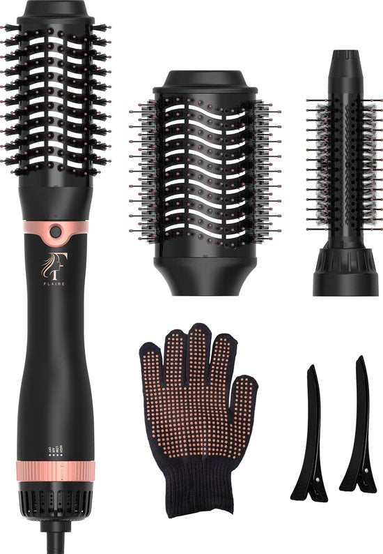 Flaire ROSÉ Brosse sèche-cheveux avec 3 accessoires - Brosse à boucler en céramique - ionique - 1200W - noir