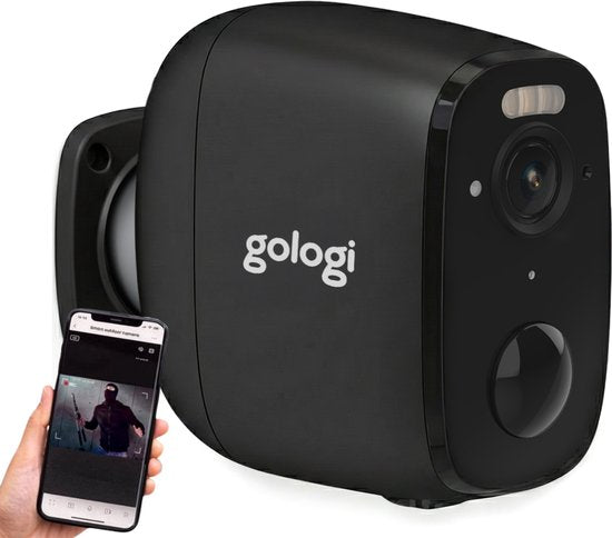 Caméra de sécurité sans fil Gologi pour l'extérieur et l'intérieur - Caméra de surveillance avec batterie 5200 mAh - Rechargeable via USB-C - Vision nocturne - Détection de mouvement - Fixation magnétique - Caméra HD 5 MP avec Wi-Fi et application - Camér