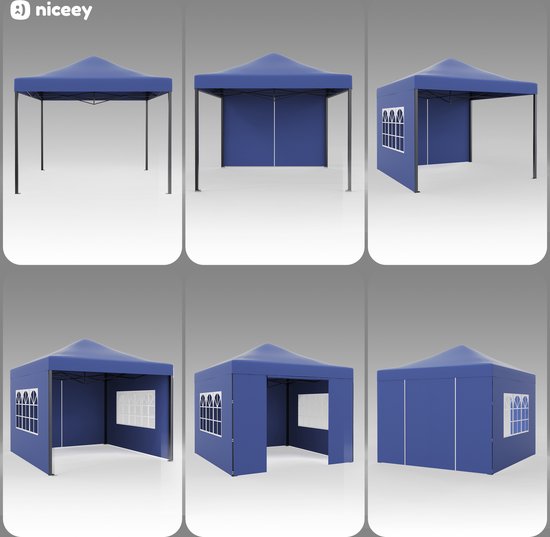 Niceey Party Tent - 3x3m - Pavillon - pliable et imperméable - Tente de réception avec parois latérales - Tente de jardin - Montage facile - Sac de transport à roulettes - Bleu foncé