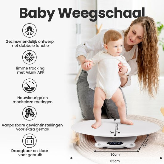 Pèse-bébé - avec plateforme de pesée - Balance numérique - avec fonction tare et application - 50g à 200KG - Blanc - par Faas