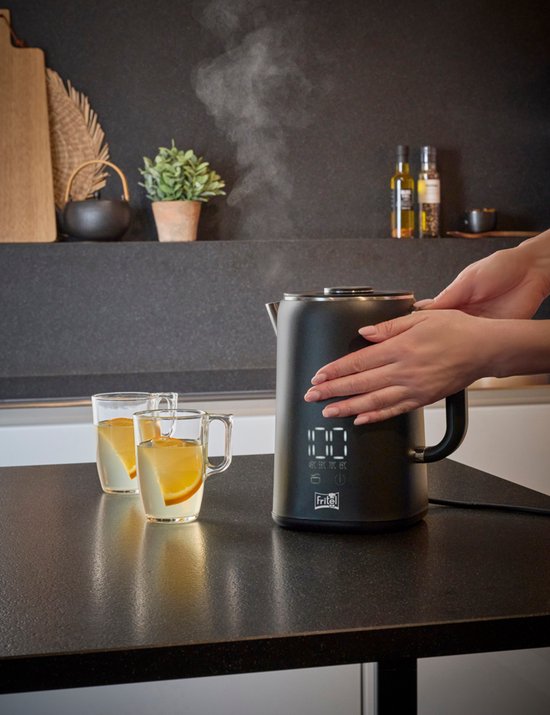 Bouilloire électrique FRITEL WK 2595 - Bouilloire à eau chaude / Bouilloire à thé - 1,7 litre - 1 500 W - Double paroi - Écran tactile - Fonction « Keep-Warm » - Noir mat