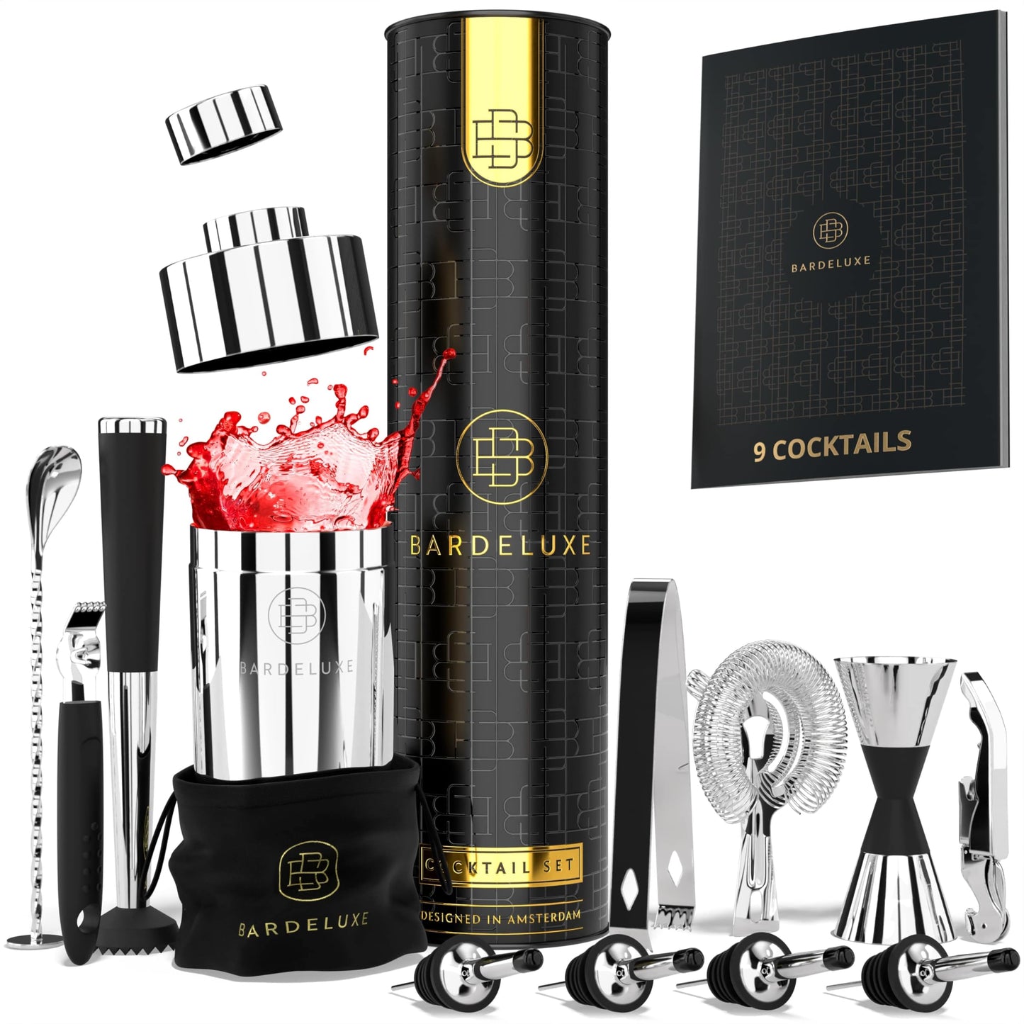 BarDeluxe : set de cocktails professionnel - 12 pièces - shaker de 750 ml - acier inoxydable 304 - argent