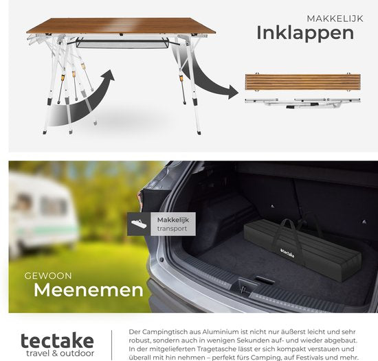 Table de camping tectake® - 90 x 52 x 47 - 70 cm - Table pliante en aluminium - Plateau enroulable - Table pliante - Table de voyage - Table de jardin - Résistante aux intempéries - Réglable en hauteur - Sac de transport - Pliable - Aspect bois