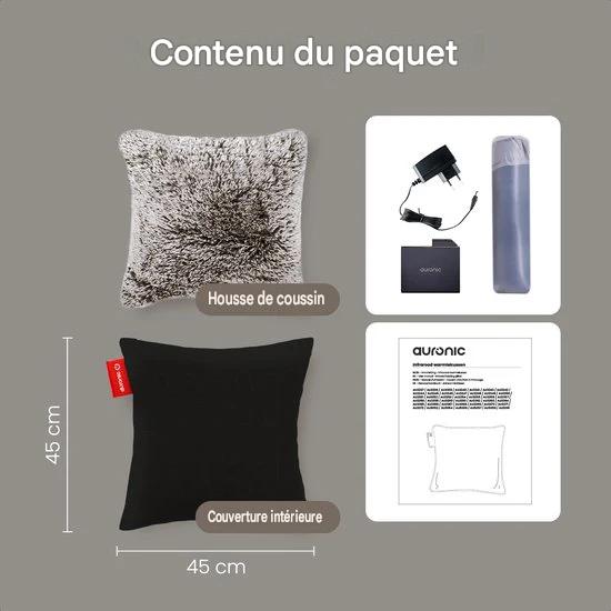 Auronic Oreiller chauffant - Teddy - 45x45 - Sans fil - Rechargeable - Oreiller électrique - Infrarouge - Gris