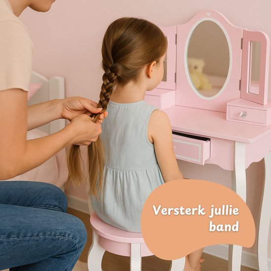 Table de maquillage Maxx Kidz pour enfant avec miroir - Table de maquillage en bois rose pour enfant avec tabouret - Table de maquillage pour enfants - Jouet pour filles à partir de 3 ans