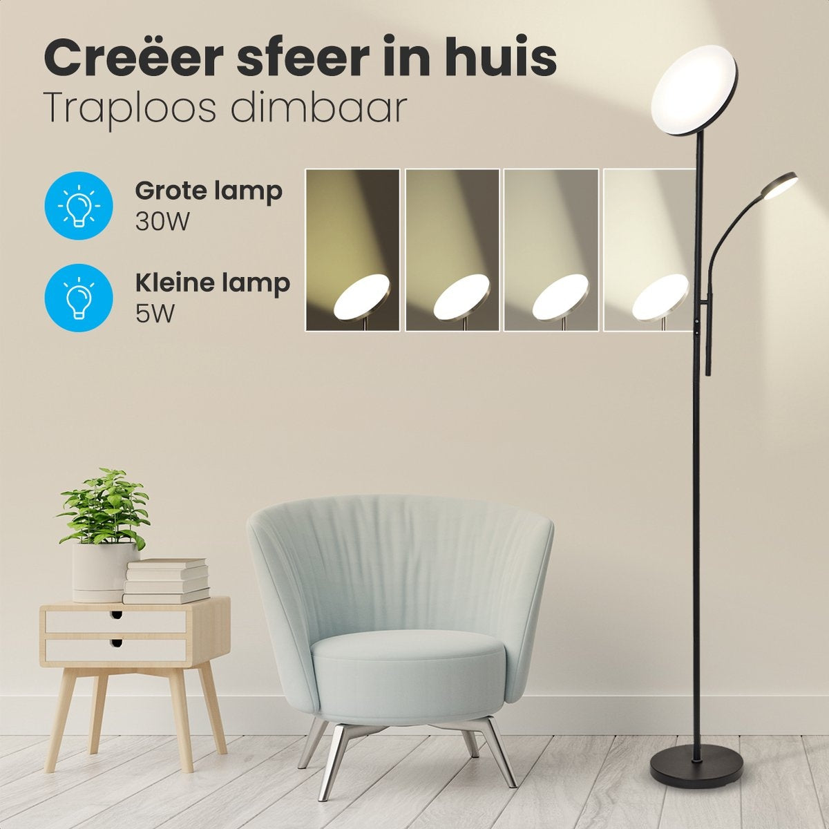 Lampadaire LED moderne Auronic -Lampadaire sur Pied - 181cm - LED -Super Lumineux - télécommande - chambre salon - Noir