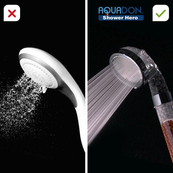Aquadon Shower Hero - Pomme de douche économe en eau avec perles minérales naturelles - trois intensités de jet - compatible avec tous les flexibles de douche courants - 3 types de jet - augmente la pression de l'eau - permet d'économiser l'eau