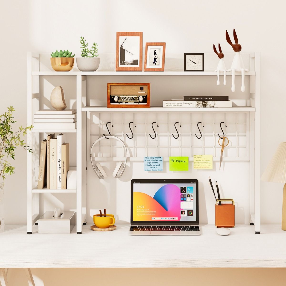 Coast Desk Rack - 94 × 25 × 74 cm - 4 niveaux - panneau grillagé en métal + 6 crochets - blanc