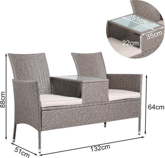 Banc de jardin Casaria Polyrattan - Coussin inclus - 143x55x88 cm Beige