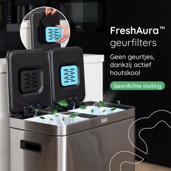 Deleca Recycle Waste Bin with 2 Compartments - 60 Liter (2x30) Waste Bin - Waste Separation / Deposit Container / Pedal Bin - Garbage Bin with FreshAura Odour Control - Slow Close - Stainless Steel Silver