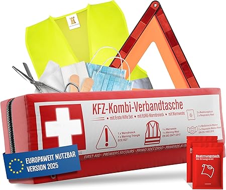 Car combi bag (3 en 1) selon la norme actuelle 2026 - y compris triangle de signalisation, gilet de sécurité - kit de premiers secours triangle de signalisation set kit de premiers secours voiture DIN 13164:2022 (conformément au code de la route allemand)