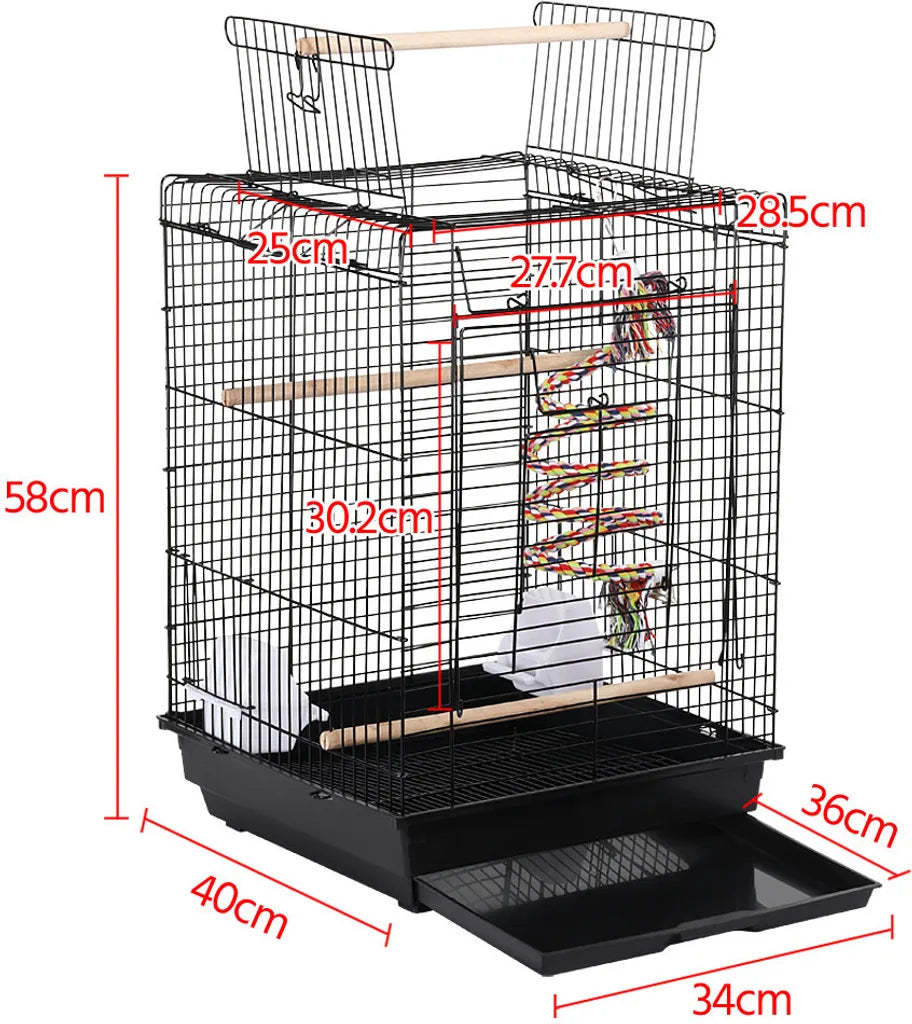 Yaheetech Cage à oiseaux avec jouets et toit rabattable - Noir - 40 x 40 x 58 cm
