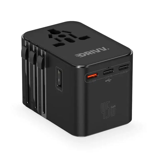 Drivv. Adaptateur universel USB-C 45 W - compatible avec plus de 180 pays - 3 ports USB-C et 2 ports USB-A - Adaptateur de voyage compact