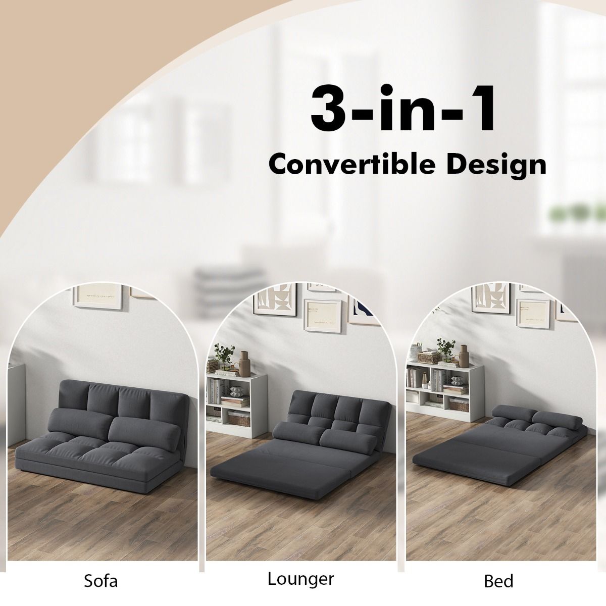 Banquette de sol pliable Coast - Canapé-lit 3 en 1 - Dossier réglable - Gris foncé