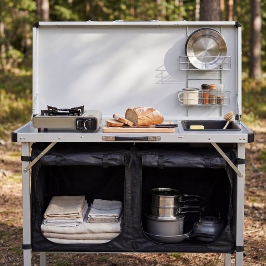 Cuisine de camping Tristar – Pliable – 100 x 50 cm – Avec évier – Structure en aluminium – Meuble de camping et cuisine d'extérieur – Sac de transport inclus – Pieds réglables – KI-0825