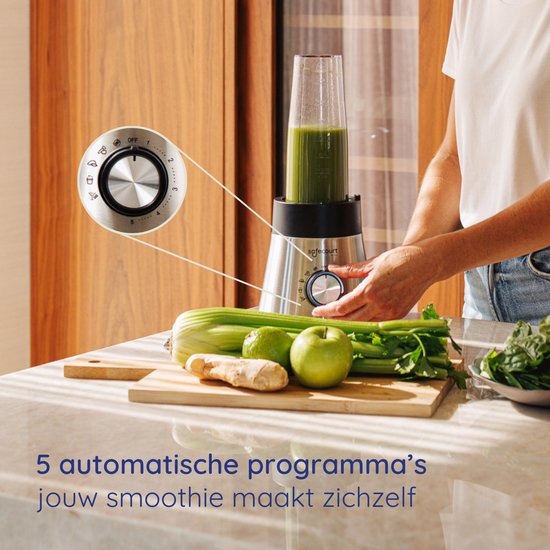 Safecourt Kitchen Power blender - 5 programmes automatiques - Smoothie maker - +2 gobelets à emporter - inox