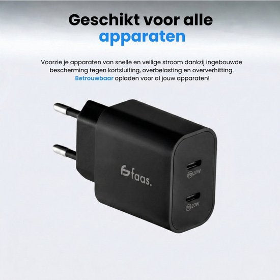 Faas USB C Charger - Chargeur rapide - 40W - 2x 20W Port - 2 câbles - 1.5 mètres - USB C Cable - USB C to USB C - Black