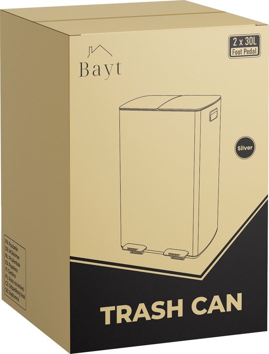 Bayt Poubelle - Poubelle 60 litres (2x30) - Poubelle 60 litres - Poubelle à pédale 60 litres - Poubelle Séparation des déchets - Poubelle 2 compartiments - Poubelle - Acier inoxydable - Argent
