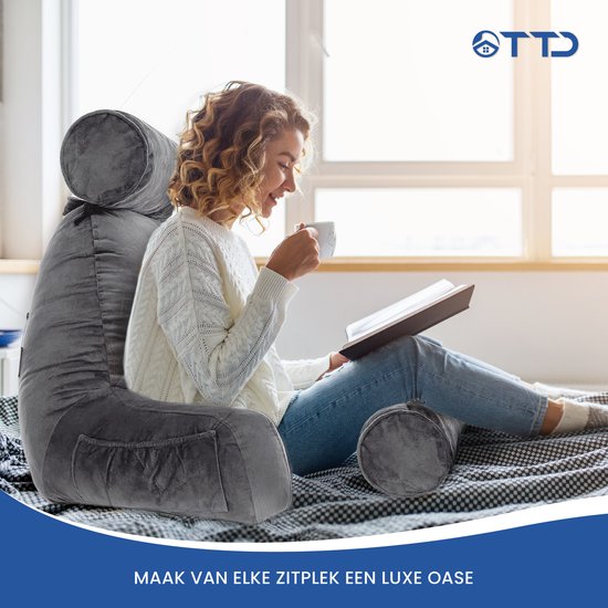 TTD® Premium XXL Coussin de lecture avec rouleau pour la nuque - Siège de lecture - Coussin de lecture pour le lit - Coussin de siège ergonomique avec rembourrage réglable - Coussin de livre - Comprend un mini-coussin supplémentaire - Velouté et doux - Ho