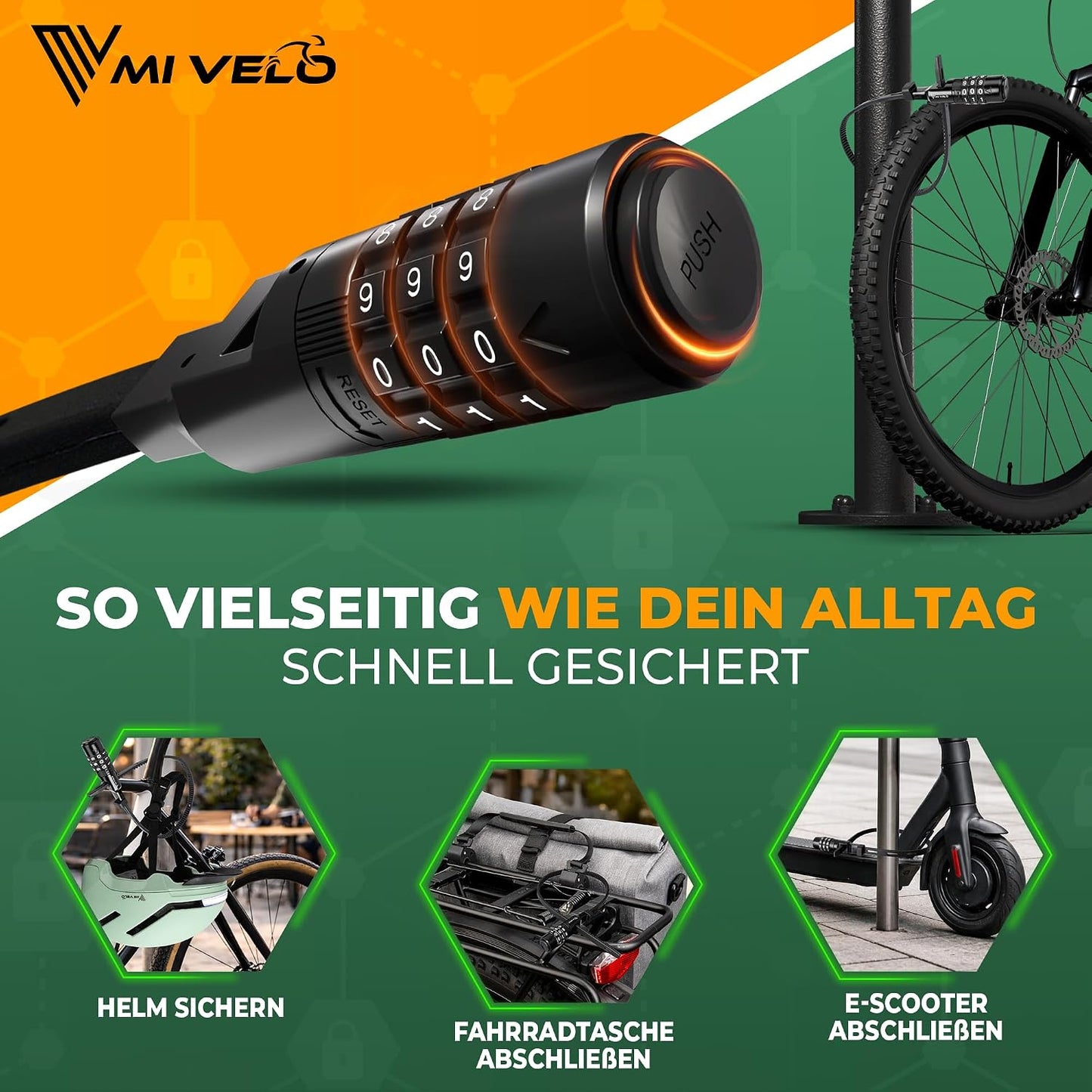 Câble antivol Mivelo à code numérique - Pour casque, vélo et trottinette - Ø 50 cm