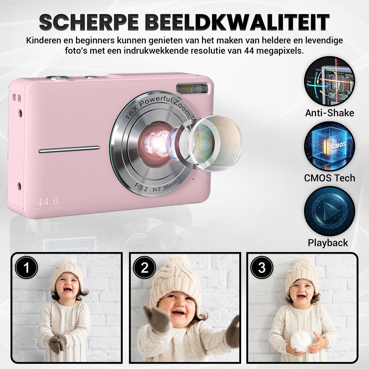 Appareil photo numérique K&L - Appareil photo - Appareil photo compact - Appareil photo pour vlog - Pour enfants - Avec carte mémoire de 32 Go - Rose