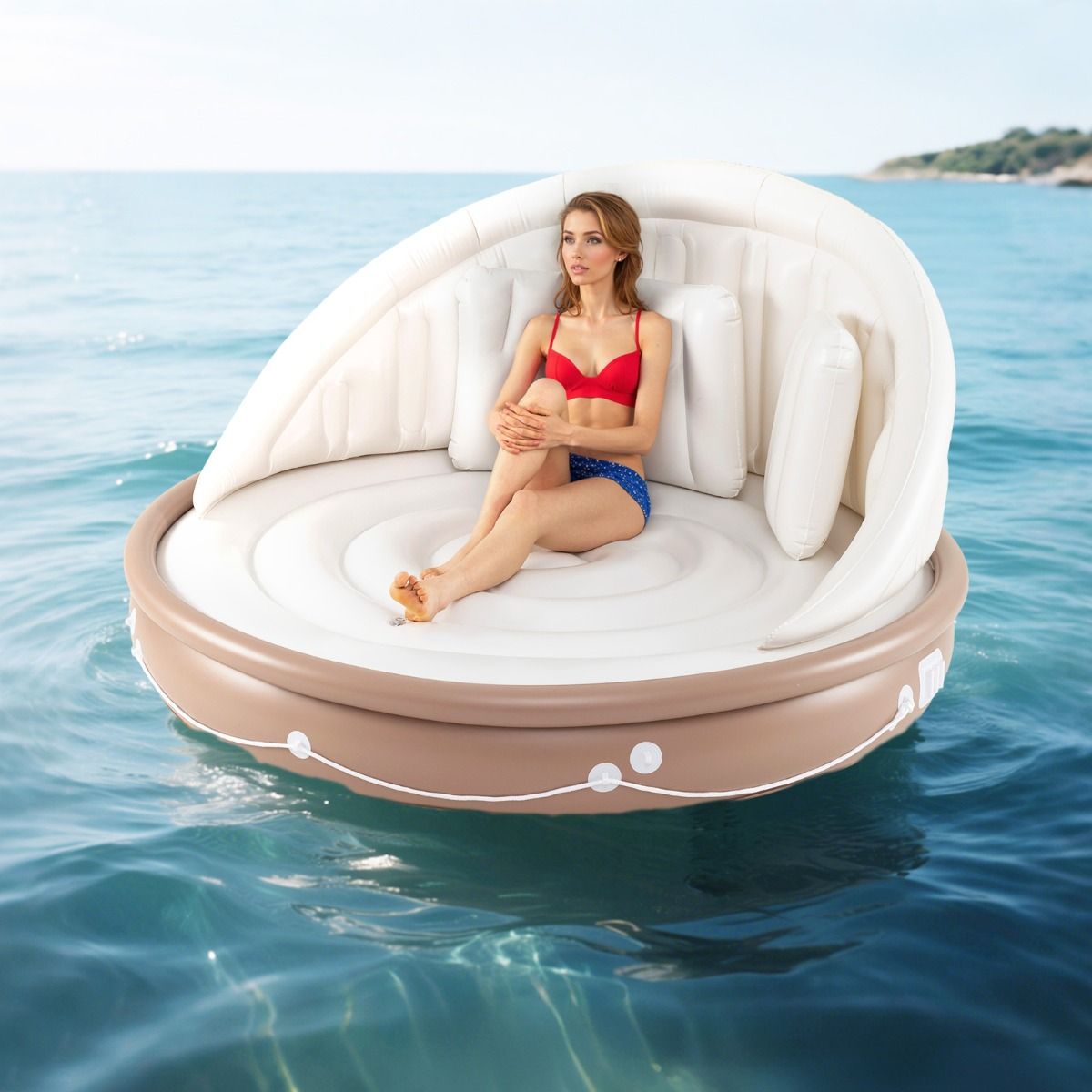 Coast Inflatable Floating Island 2-Seater with Canopy - 186 x 186 x 155 cm, White/Brown/Silver, Capacity 180 kg