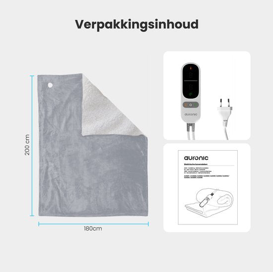 Couverture électrique Auronic - Couverture chauffante - Polaire Sherpa - 9 niveaux de chaleur et minuterie - Couverture - 200x180 - 2 personnes - Gris