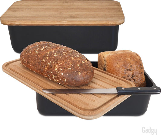 Gadgy Boîte à pain - avec couvercle en bambou - Boîte à pain avec planche à découper - sans BPA - 36x19.5x11.5 cm- noir