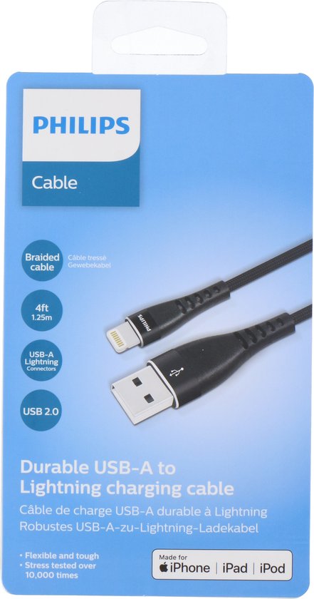 Philips Charger USB DLC5204V/00 - 120 cm - Lightning - Apple - Noir