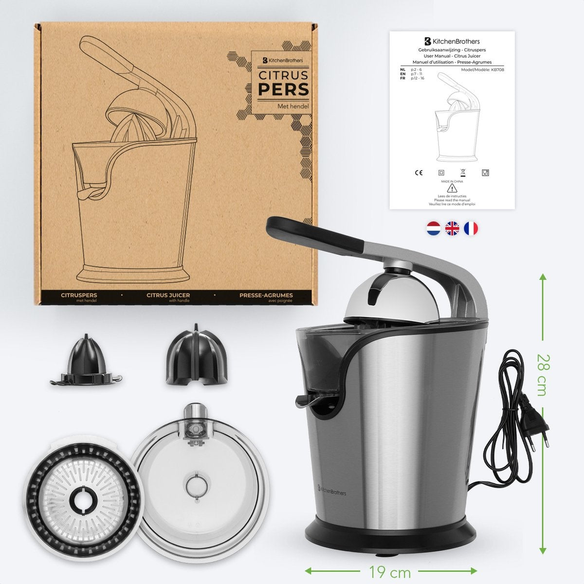 Presse-agrumes électrique - KitchenBrothers - Presse-orange et citron - 160W - acier inoxydable - Noir