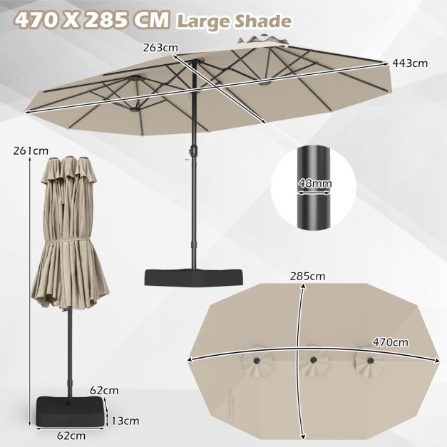 Parasol double Coast 470 × 285 cm avec pied – Grand parasol rectangulaire avec manivelle, 12 baleines métalliques et sacs de sable – pour le jardin et la terrasse