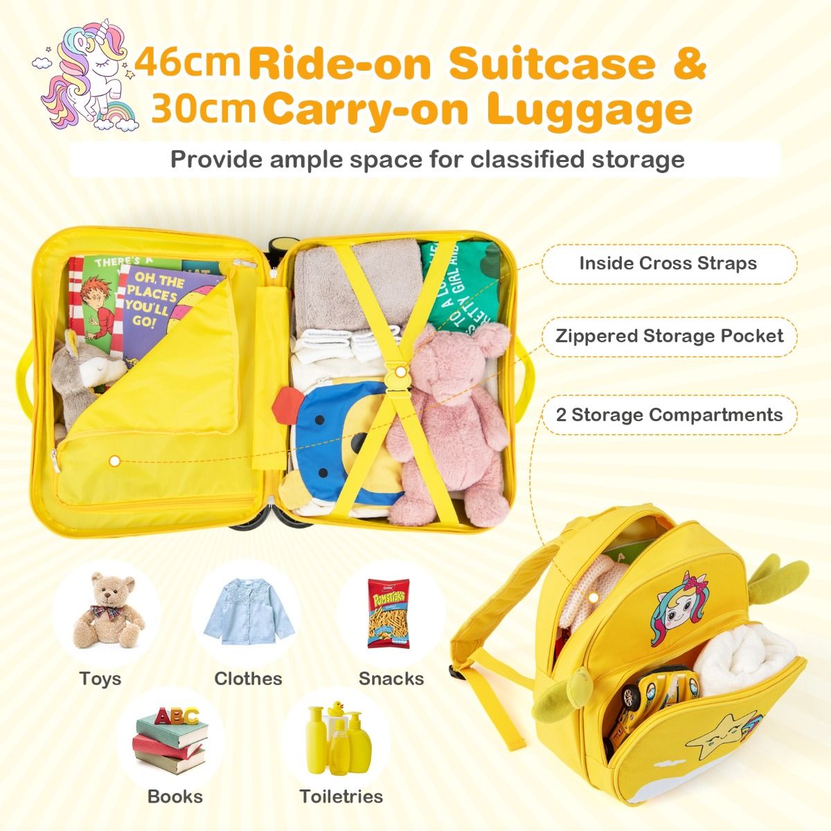 Ensemble valise et sac à dos pour enfants Coast - Valise à roulettes - Sac à dos avec un adorable motif d'abeilles - Jaune