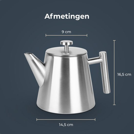 Théière Castagnola avec filtre - Théière à double paroi - Thermos en acier inoxydable - Pichet isotherme 1 L - acier inoxydable - Argent brossé