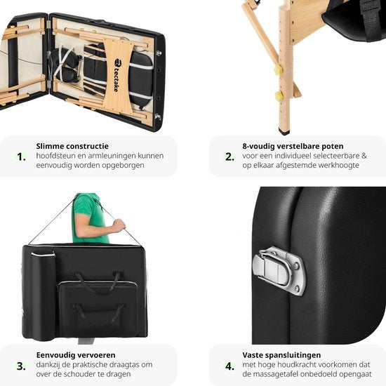 tectake® - Table de massage avec matelas de 10 cm de haut + sac de transport - rembourrage extra épais, revêtement en vinyle résistant à l'eau et à l'huile, design pliable, sac de rangement inclus, idéal pour salon, tatouage, thérapie - noir