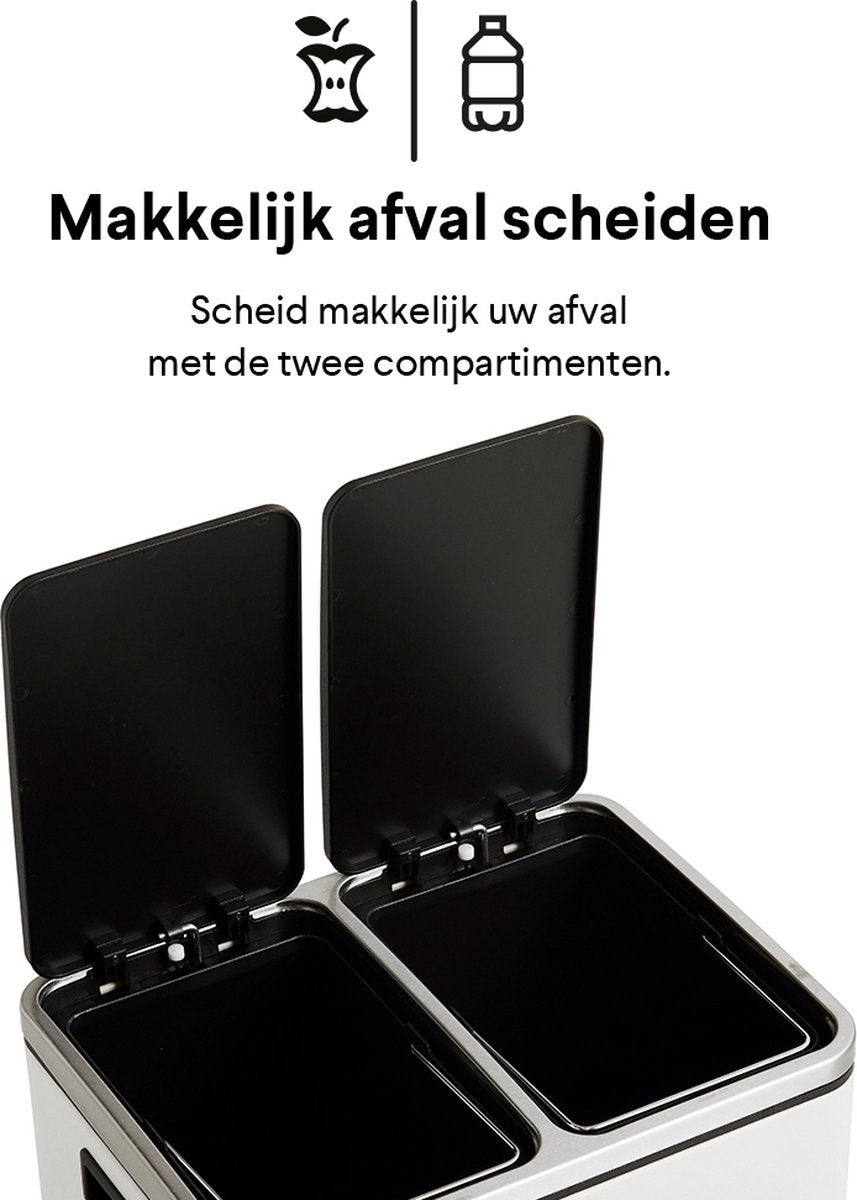 Homra BLINQ Afvalscheiding prullenbak met 2 vakken - 2 x 15 L inhoud - Duo pedaalemmer Crème Wit - Afvalemmer 30 Liter - Recycle Afvalbak - Witte Afvalscheidingsprullenbak - Hygiënisch Afval Scheiden - Keuken Vuilbak - Kantoor