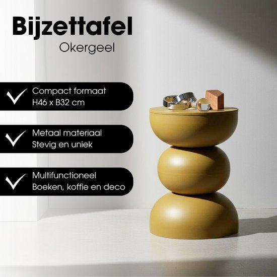Mica Decorations Luna Table d'appoint - Table d'appoint ronde H46 x Ø32 cm - Petite table en fer pour chambre ou salon - Table de chevet ou table pour plantes - Jaune ocre