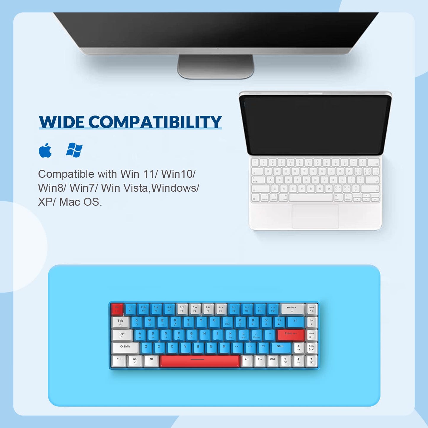 Clavier gaming YINDIAO T8 60 %, 68 touches, compact, filaire, mini-clavier mécanique avec rétroéclairage Chroma RGB à 18 couleurs, commutateurs rouges, câble spiralé USB-C, pour PC et Mac — gris clair